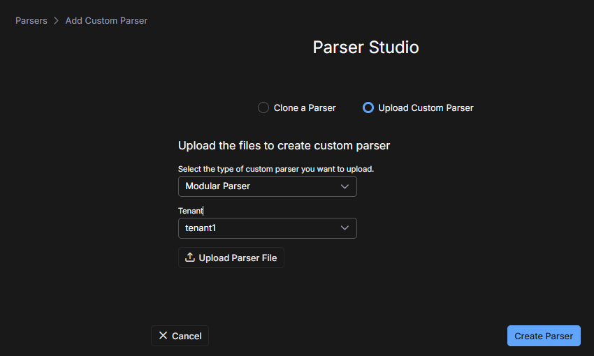 Select the image to expand and collapse it. Screen capture showing the Upload Custom Parser options in Parser Studio