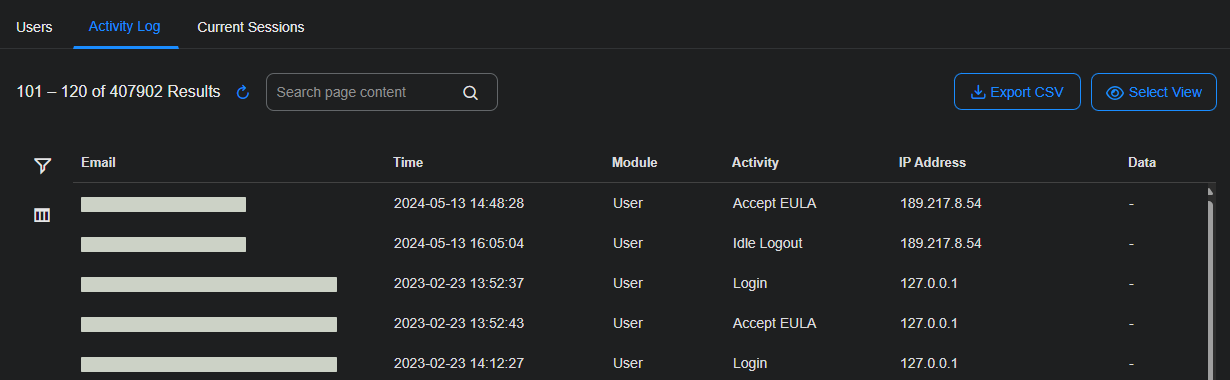 Select the image to expand and collapse it. Screen capture of the Users Activity Log