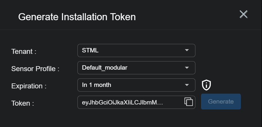 Sensor token generated for installation Screen capture of a sensor token generated for installation