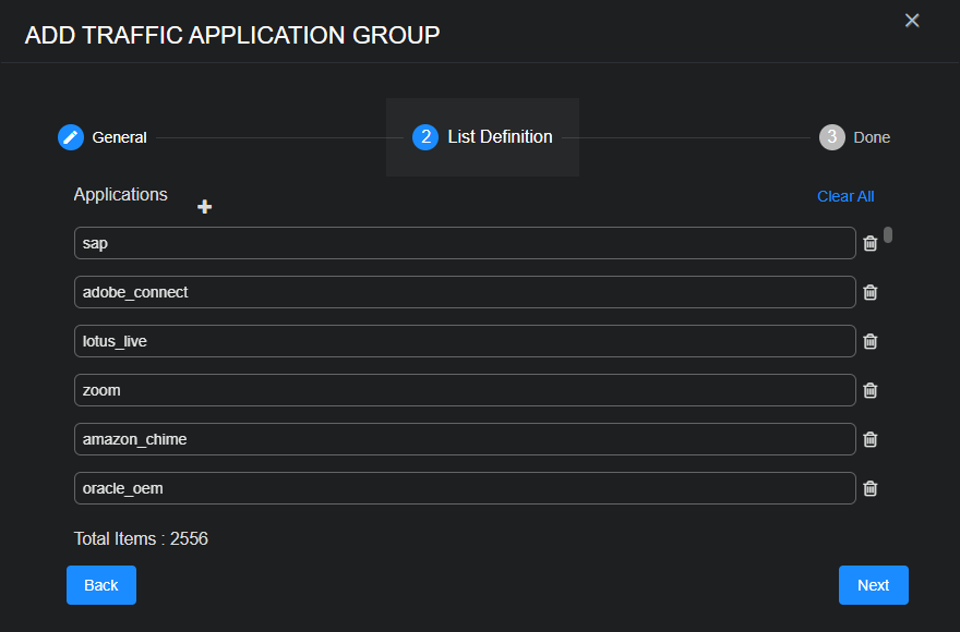 Select the image to expand and collapse it. Screen capture of the List Definition section in the Add Traffic Application Group dialog box