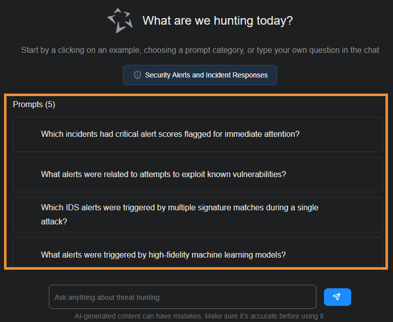 Select the image to expand and collapse it. Screen capture showing sample prompts for AI Investigator