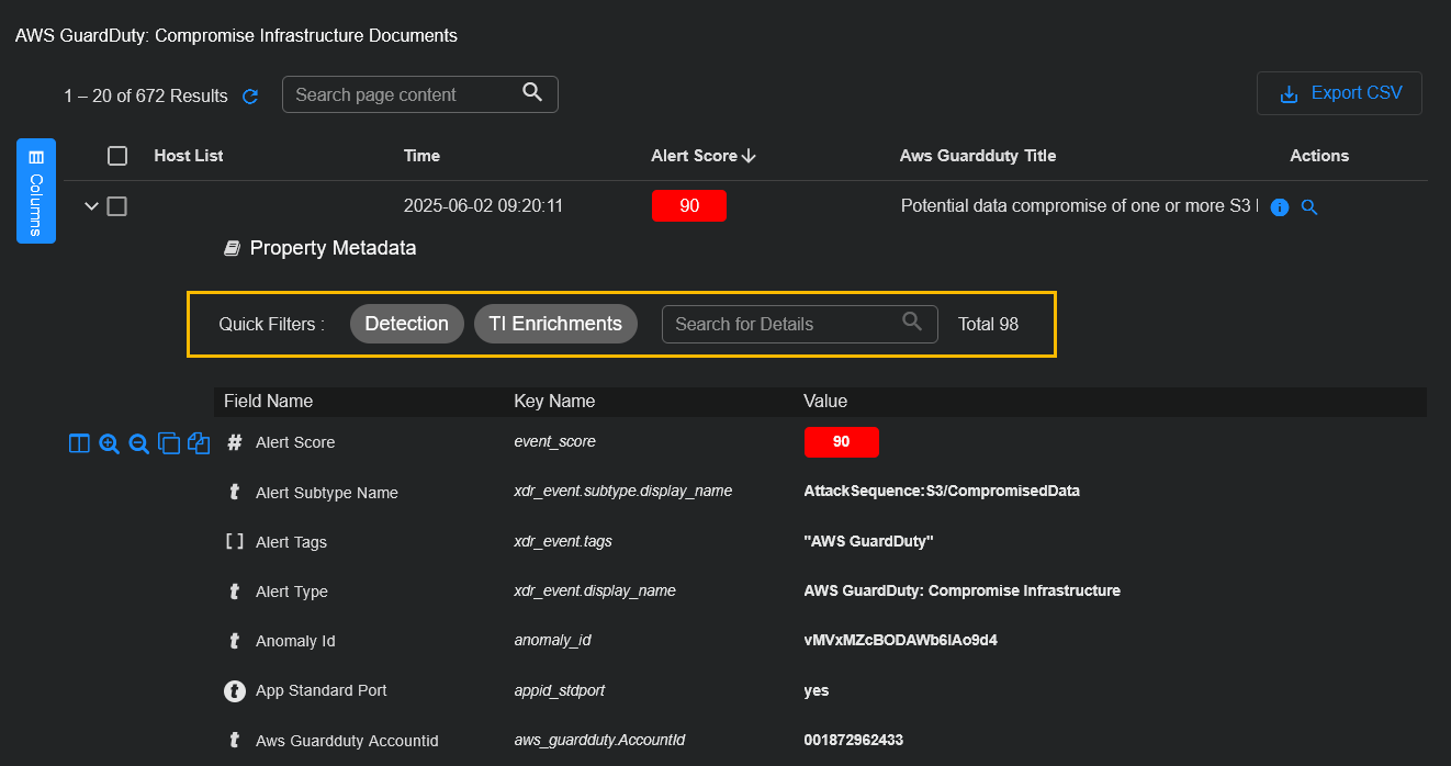 Quick filters and Search for key-value data in an alert Screen capture of Quick Filters and Search field in an alert