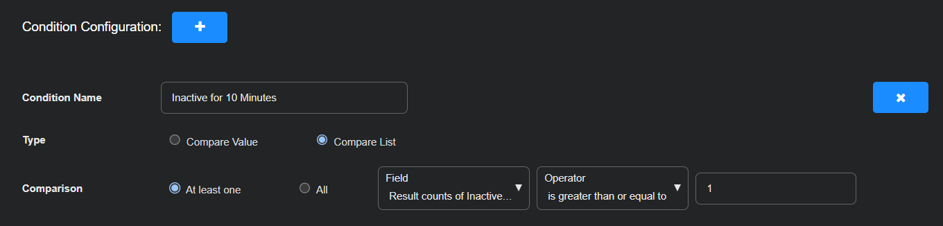 Select the image to expand or collapse it. Screen capture showing the Condition configuration for an ATH playbook that detects inactive log sources