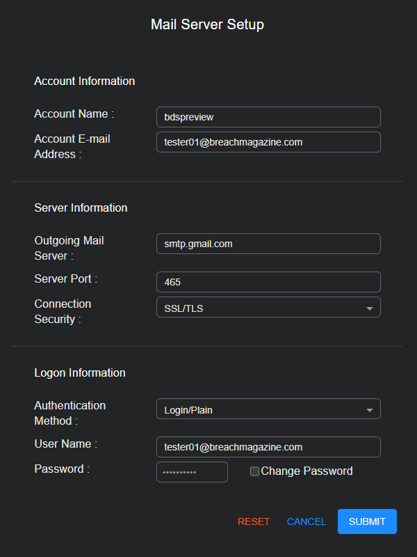 Mail Server Setup - Edit Mode Screen capture of the Mail Server Setup page in Edit mode
