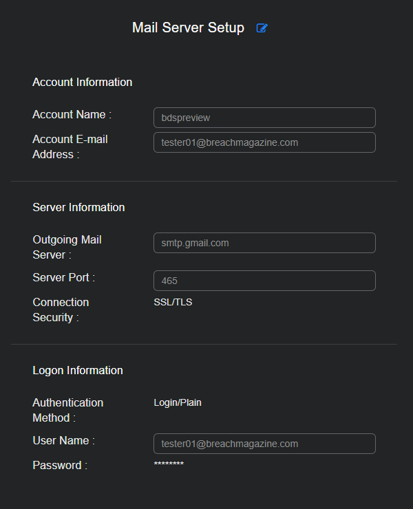 Mail Server Setup - Read-only Mode Screen capture of the Mail Server Setup page in Read-only mode