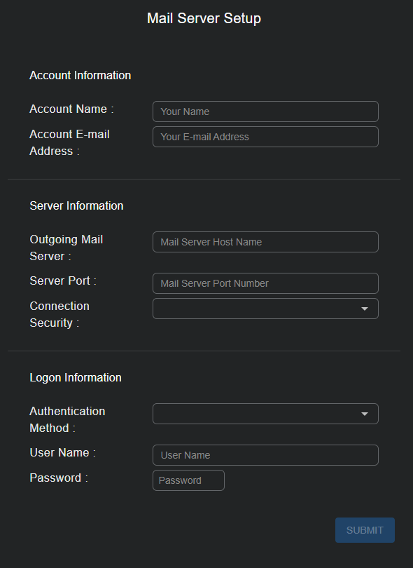 Mail Server Setup - Write Mode Screen capture of the Mail Server Setup page in Write mode