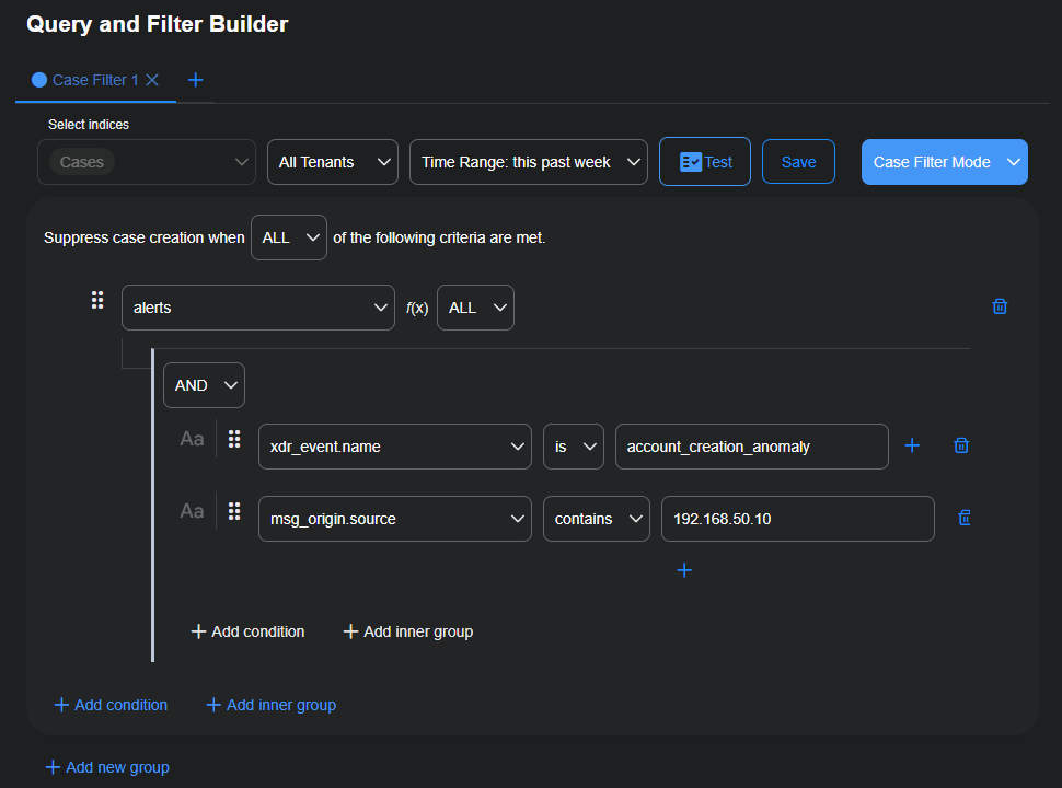 Select the image to expand and collapse it. Screen capture of the Query and Filter Builder in case Filter Mode