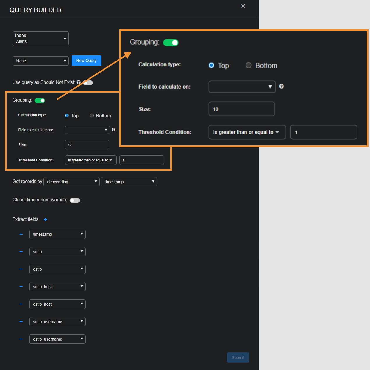 Select to expand and collapse the image. Screen capture of the Grouping section in CorrelationQuery Builder