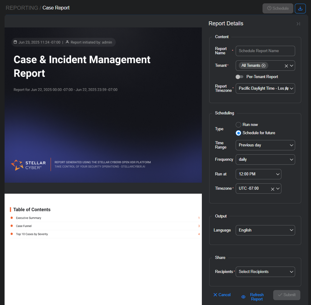 Select to expand and collapse the image. Screen capture showing the settings to schedule a report