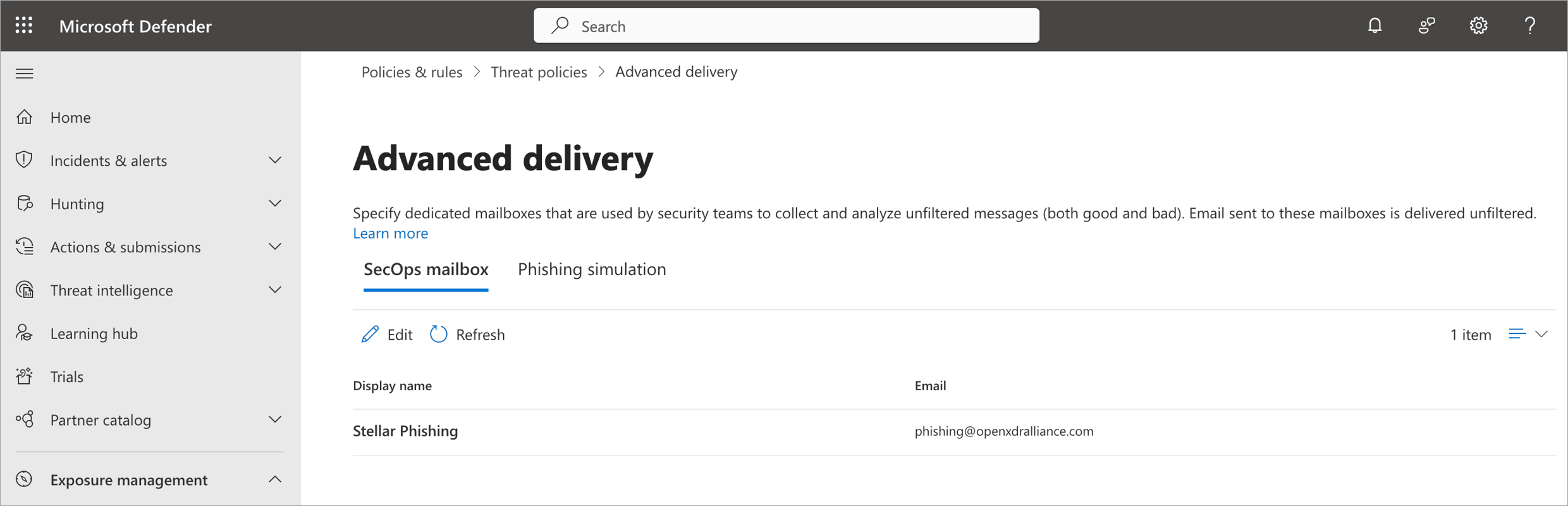 Select the image to expand and collapse it. Screen capture of "Advanced delivery" settings in Microsoft Defender
