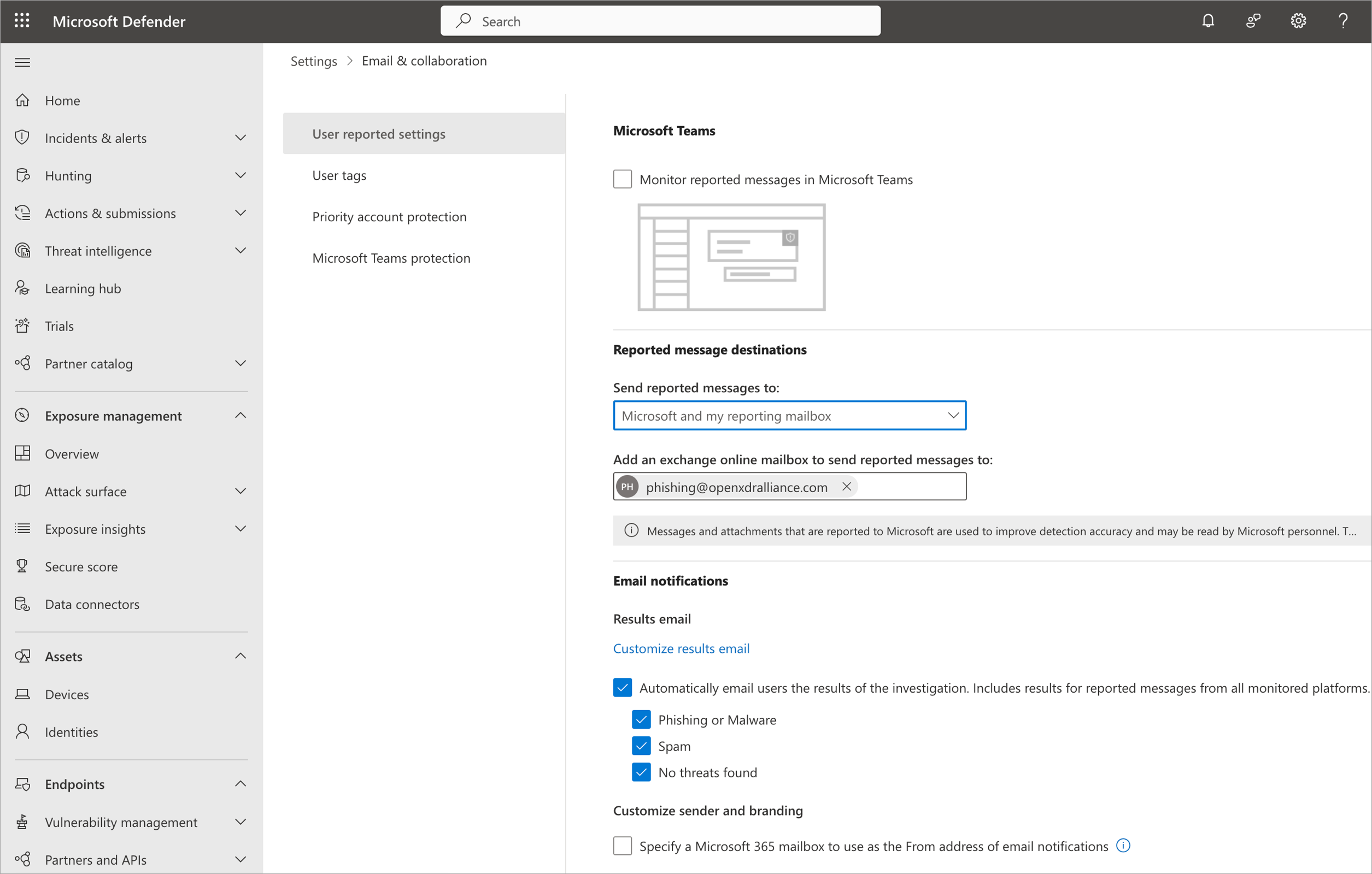 Select to expand and collapse the image. Screen capture of the "User Reported Settings" section in Microsoft Defender.