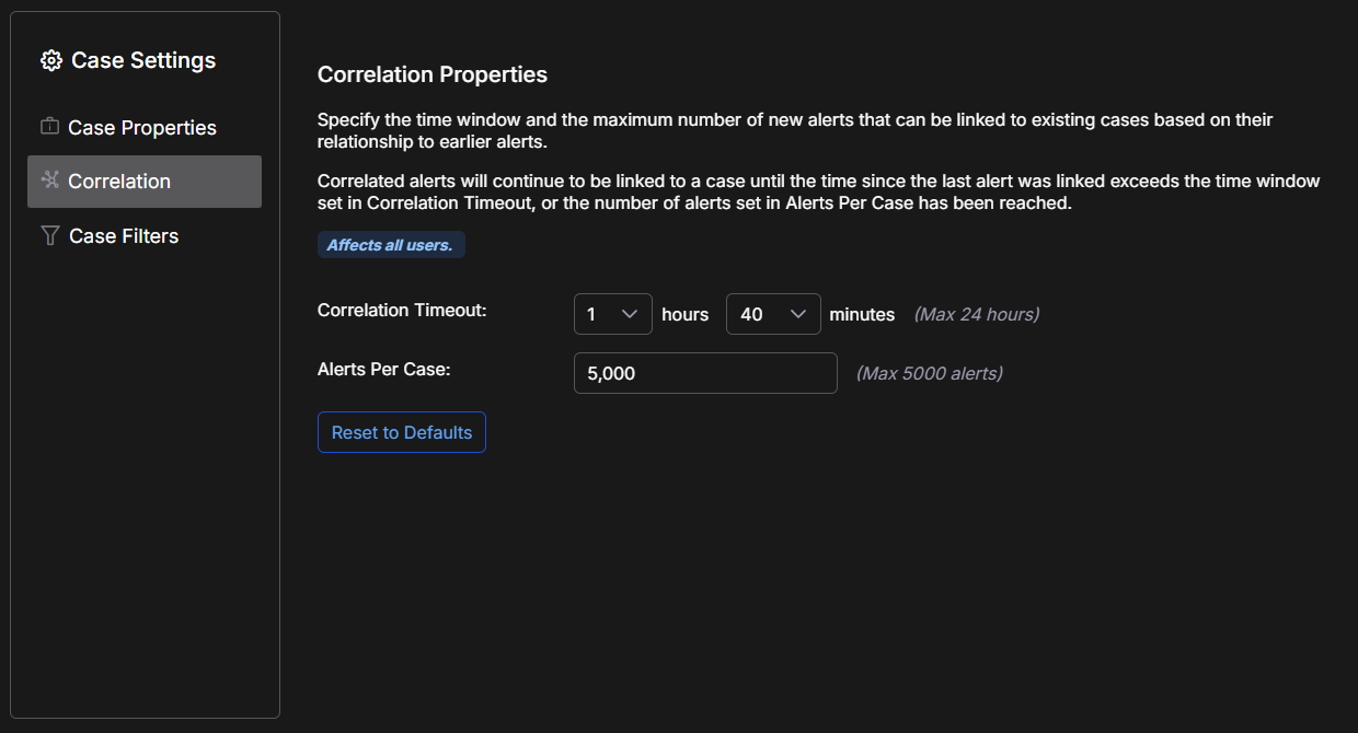 Select the image to expand and collapse it. Screen capture of the Correlation tab in Case Settings