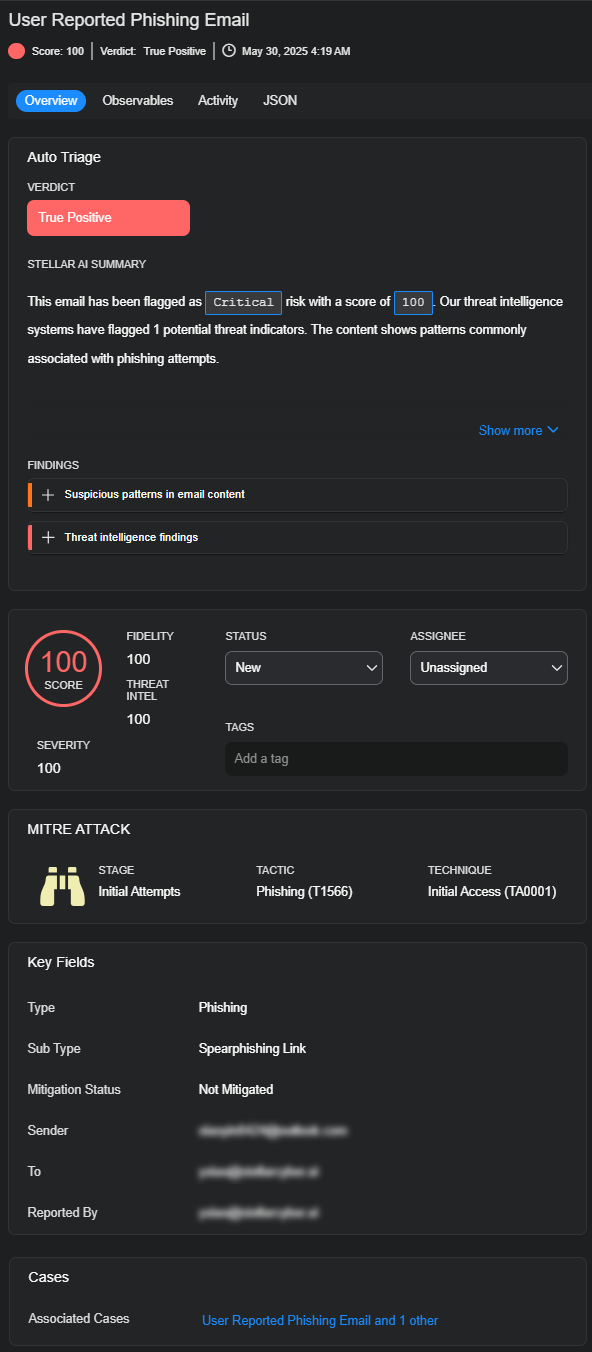 Select the image to expand and collapse it. Screen capture of the User Reported Phishing Email alert side panel