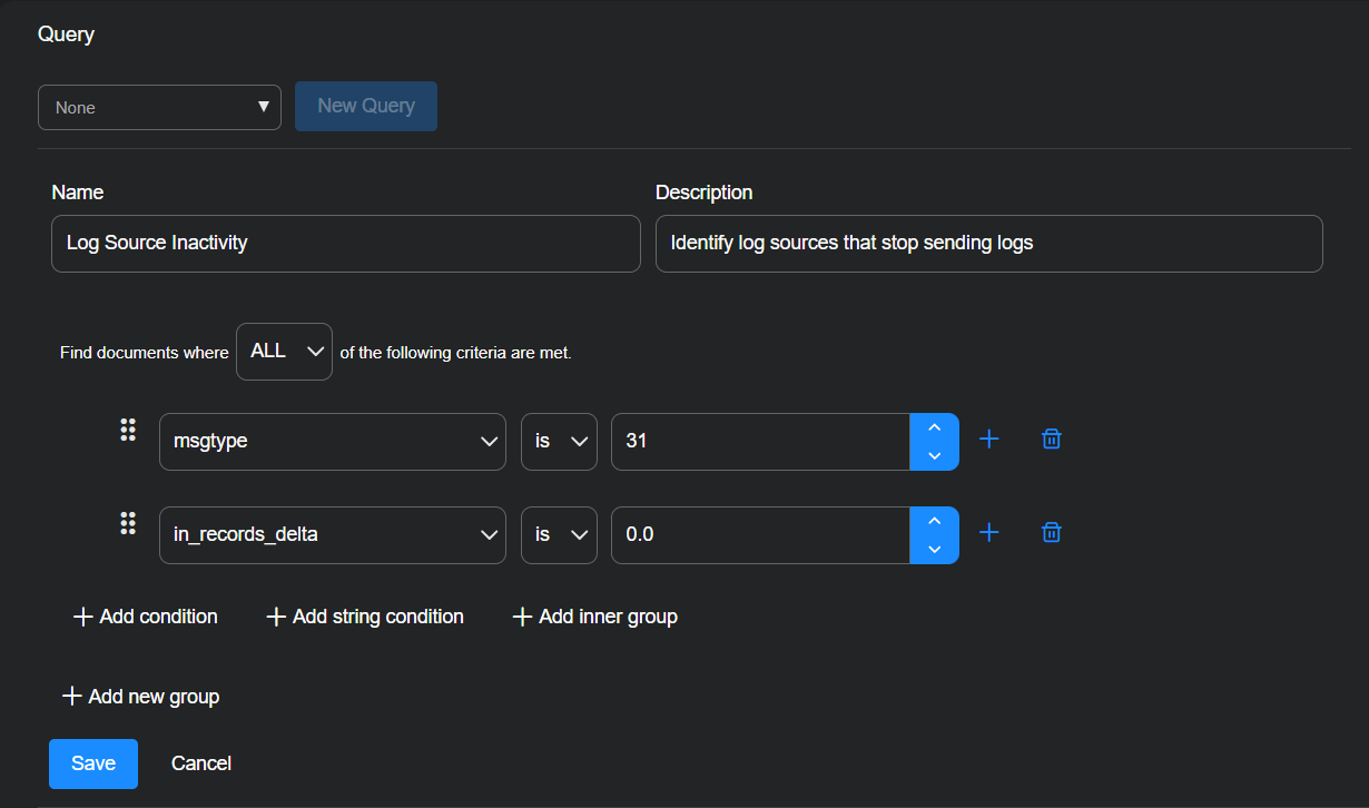Select the image to expand or collapse it. Screen capture of the Query settings in an ATH playbook