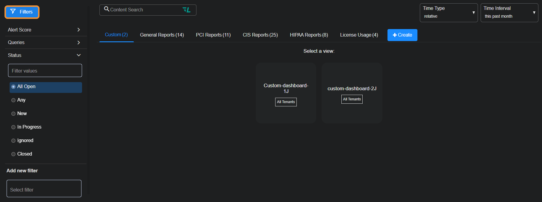 Select the image to expand and collapse it. Screen capture of the Dashboards page with filter settings