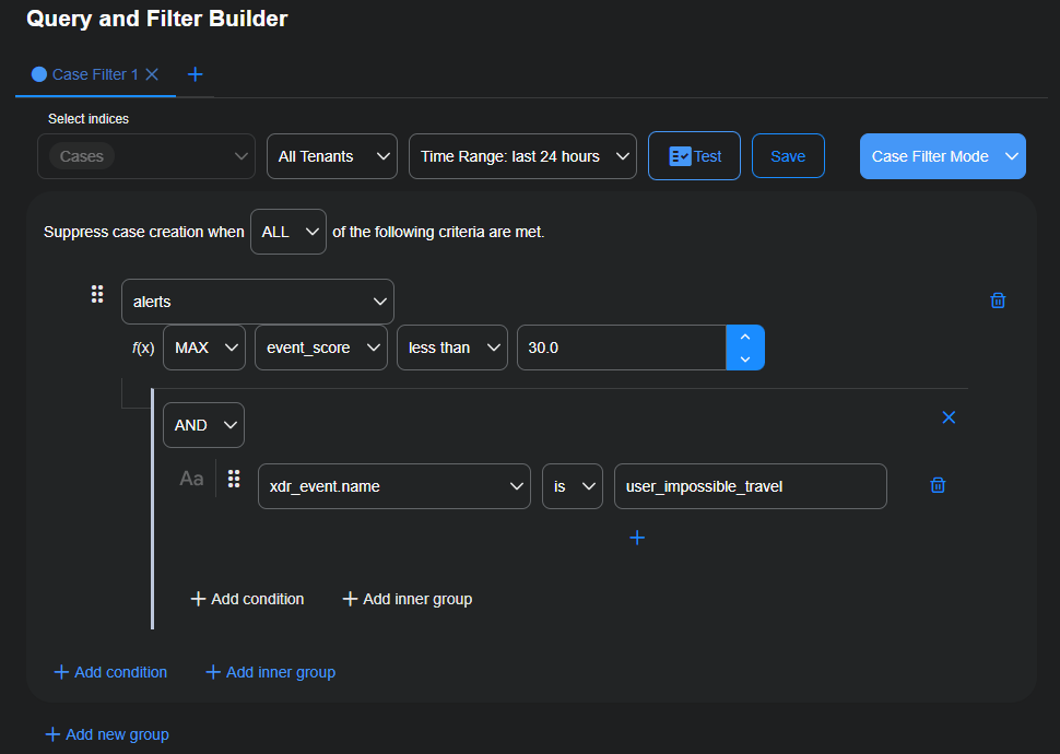 Select the image to expand and collapse it. Screen capture of the Query and Filter Builder in case Filter Mode