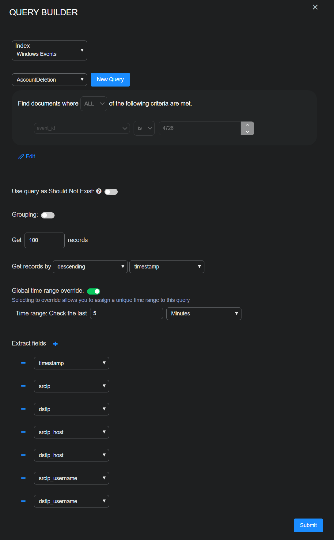 Query Builder for the AccountDeletion query Screen capture for Query Builder for the AccountDeletion query