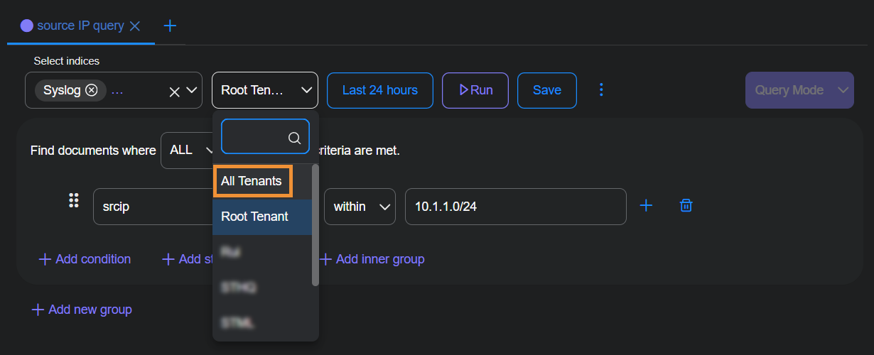 Select to expand image Screen capture of the Query Builder toggling between All Tenants and Root Tenant