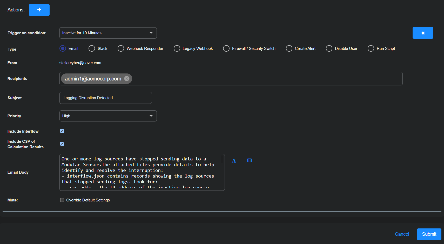 Select the image to expand or collapse it. Screen capture showing the Actions section of the ATH playbook for inactive log source detection