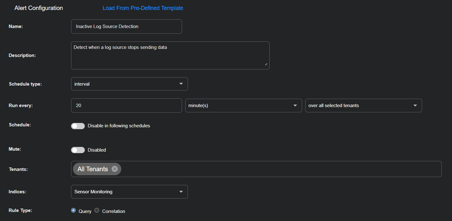 Select the image to expand or collapse it. Screen capture of the ATH Alert Configuration for log source inactivity