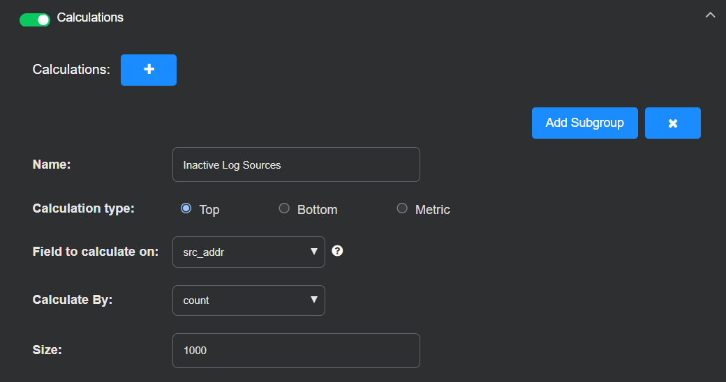Select the image to expand or collapse it. Screen capture showing the Calculations for the ATH playbook to detect inactive log sources