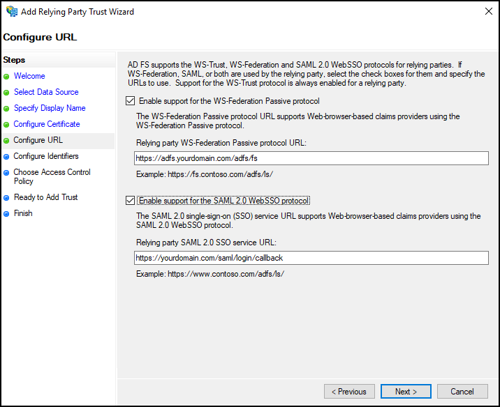 Select to expand image Screen capture of the Configure URL page