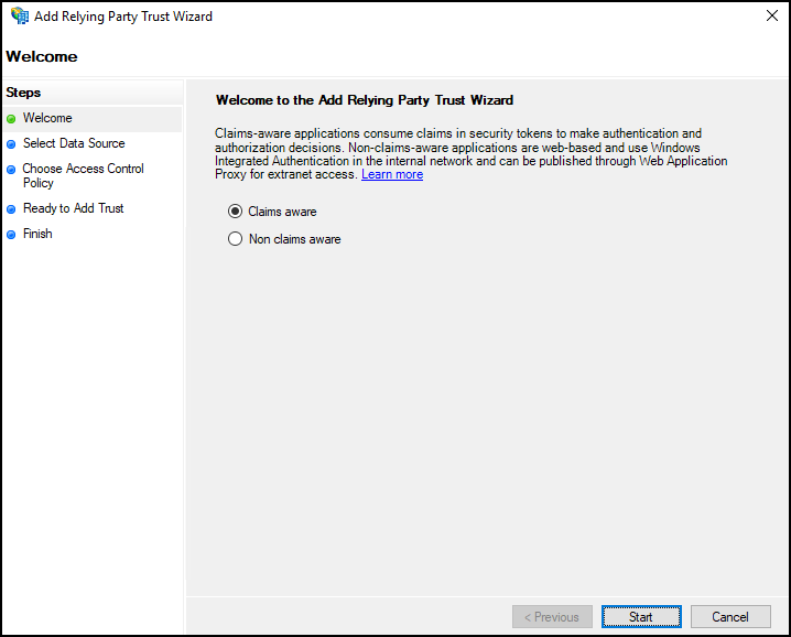 Select to expand image Screen capture of the Welcome page for the Add Relying Party Trust Wizard