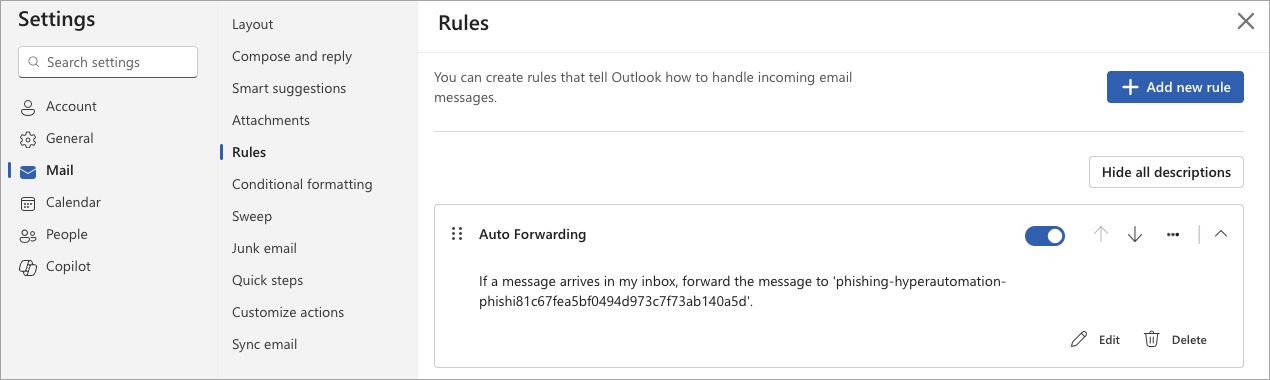 Select the image to expand and collaspe it. Screen capture of the Rules section in Microsoft Defender