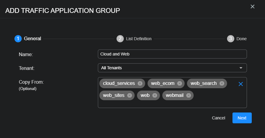 Select the image to expand and collapse it. Screen capture of the General section in the Add Traffic Application Group dialog box