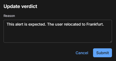 Screen capture of the "Reason" field for an updated verdict