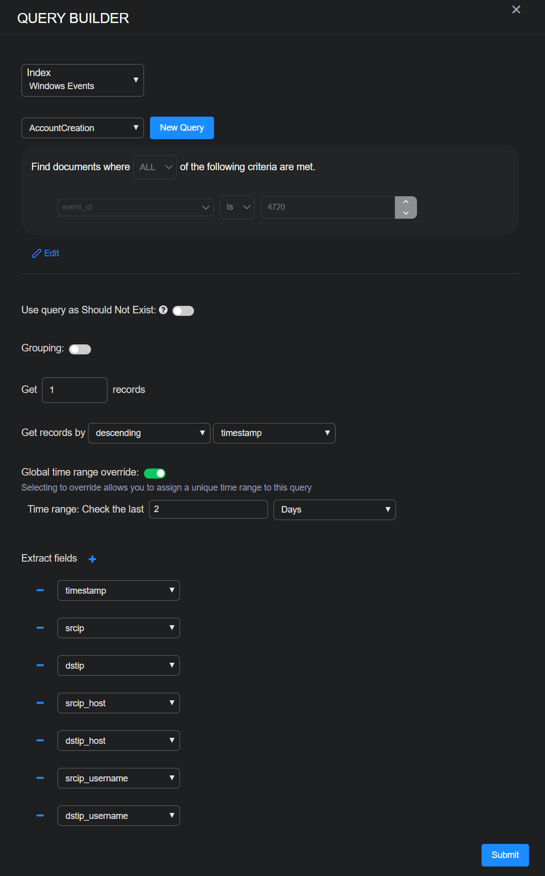 Query Builder for the AccountCreation query Screen capture of the Query Builder for the AccountCreation query