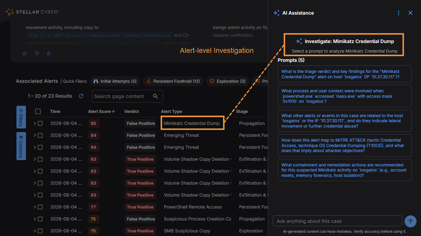 Select the image to expand and collapse it. Screen capture of the AI Assistance panel opened for a specific alert within a case