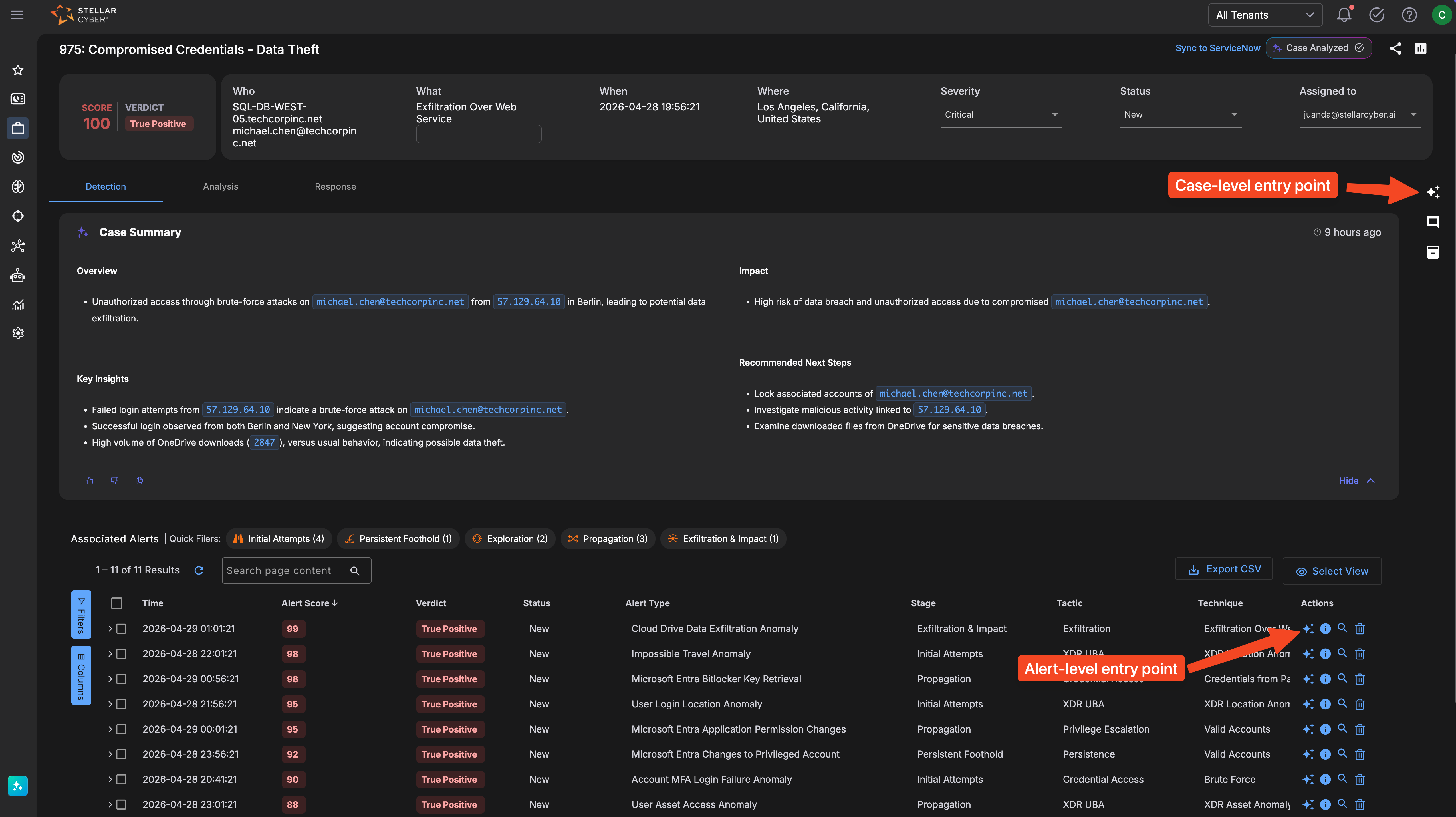 Select the image to expand and collapse it. Screen capture of the Case Detail view showing the case-level AI Assistance icon in the top-right corner and the alert-level AI Assistance icon in the Actions column of the Associated Alerts table
