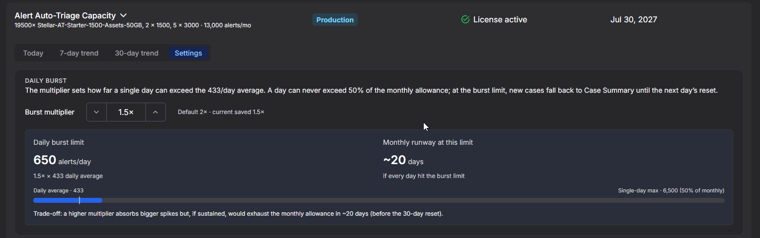 Select the image to expand and collapse it. Screen capture of the Settings tab for the Alert Auto-Triage Capacity license