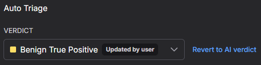 Screen capture showing the "Revert to AI verdict" option in Alert details.