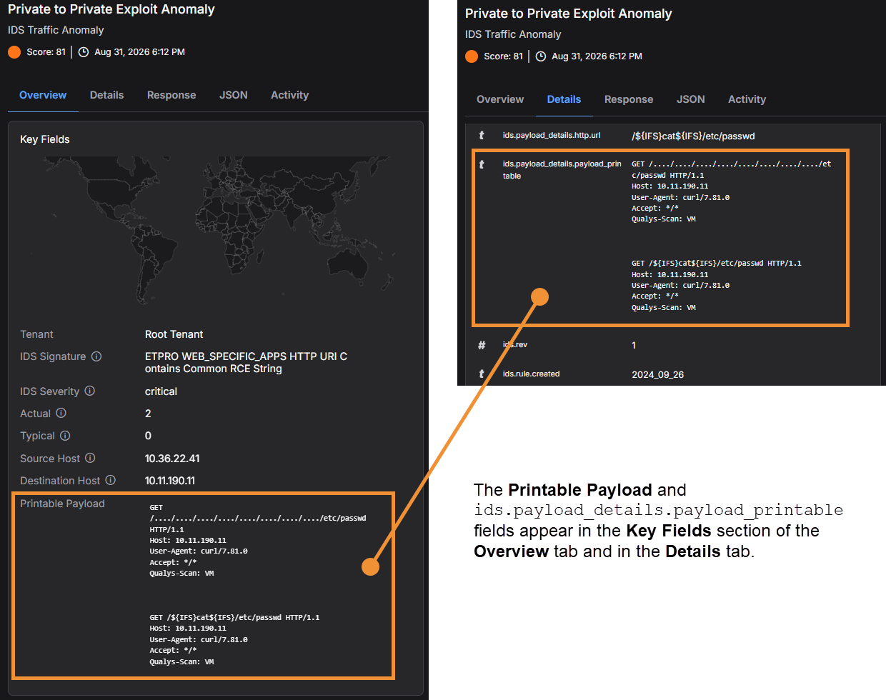 Select the image to expand and collapse it. Printable Payload field in the Key Fields section of the Overview tab and in the Details tab