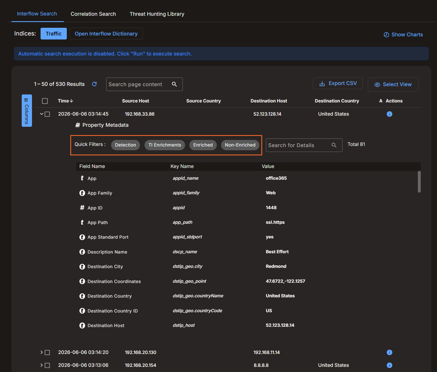 Quick filters and Search for key-value data in an alert Screen capture of Quick Filters and Search field in an alert