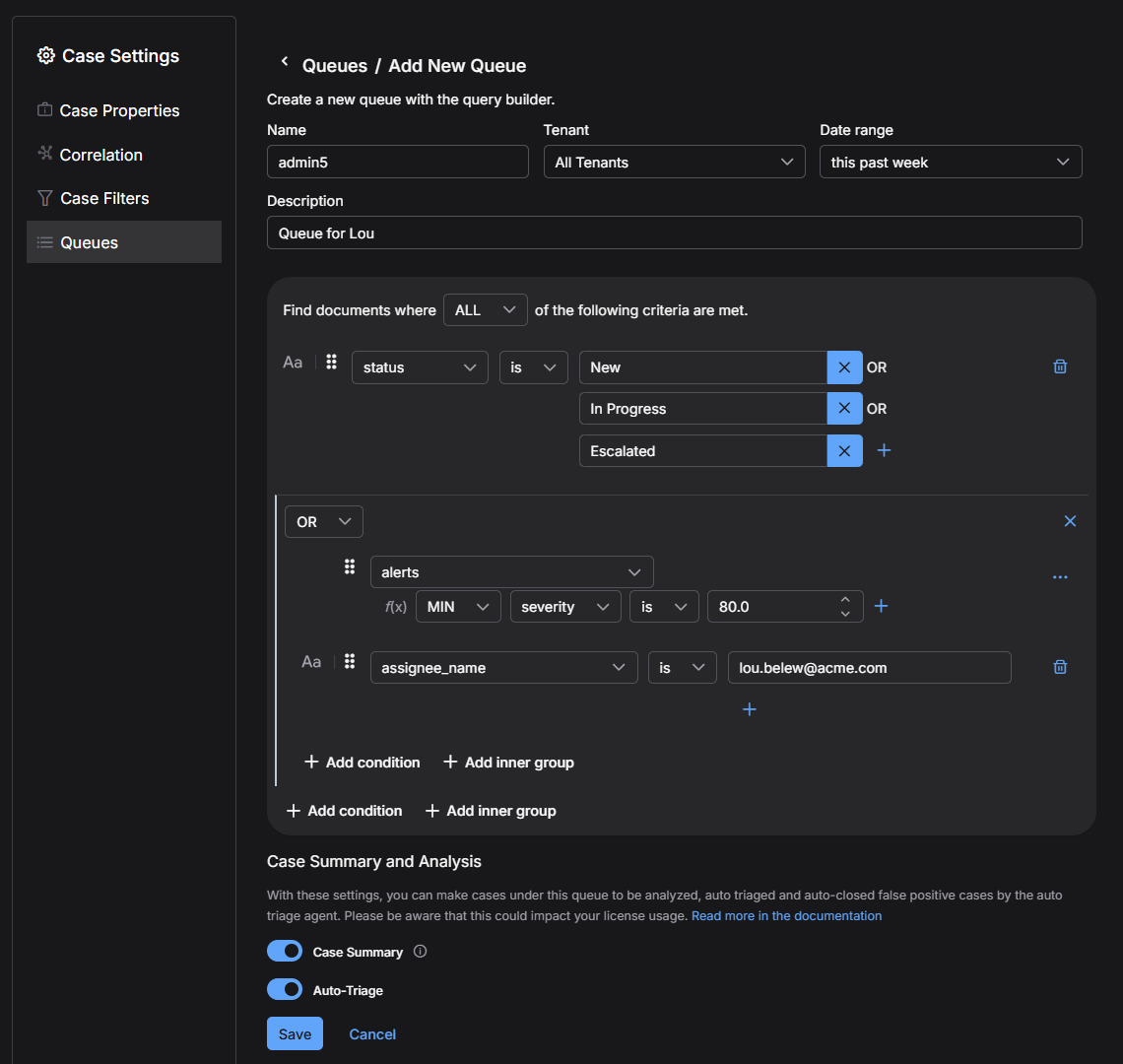 Select the image to expand and collapse it. Screen capture showing the case queue configuration