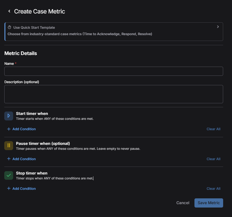 Select the image to expand and collapse it. Screen capture of the Create Case Metrics dialog box