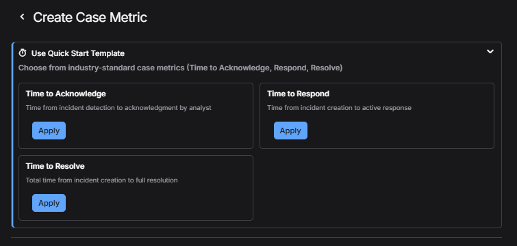 Select the image to expand and collapse it. Screen capture of the Use Quick Start Template section in the Create Case Metric dialog box