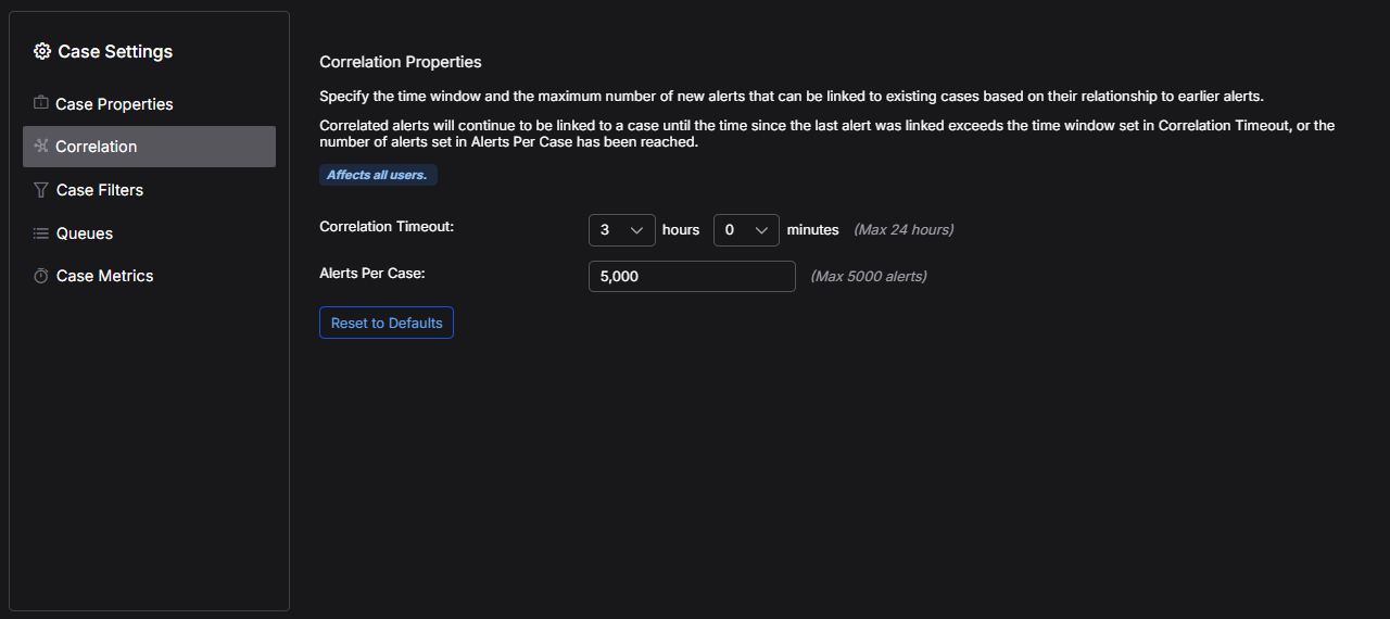 Select the image to expand and collapse it. Screen capture of the Correlation tab in Case Settings