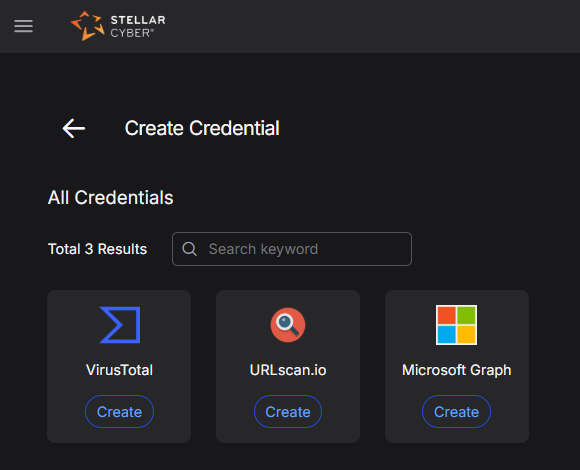 Select the image to expand and collapse it. Screen capture of the Create Credential page with the available credential types