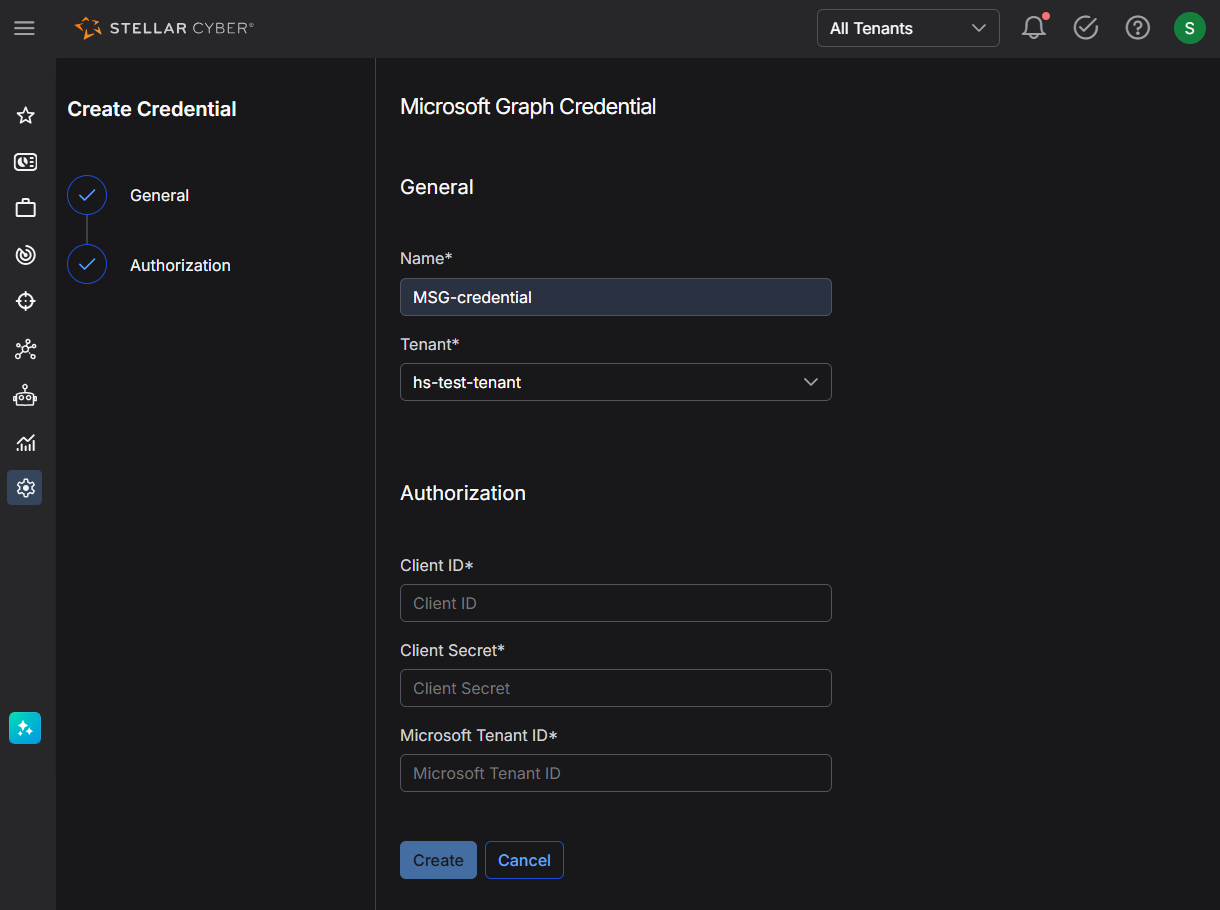Select the image to expand and collapse it. Screen capture of the Microsoft Graph Credential settings