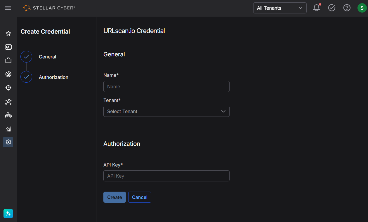 Select the image to expand and collapse it. Screen capture of the URLscan.io Credential settings