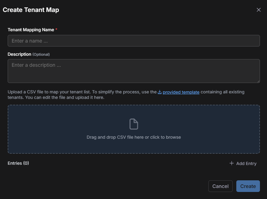 Select the image to expand and collapse it. Screen capture of an unconfigured "Create Tenant Map" dialog box