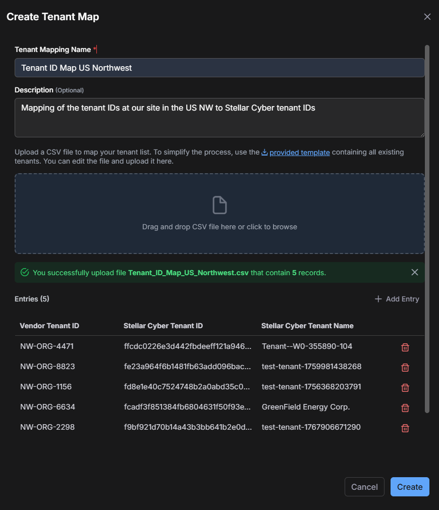 Select the image to expand and collapse it. Screen capture of a configured "Create Tenant Map" dialog box