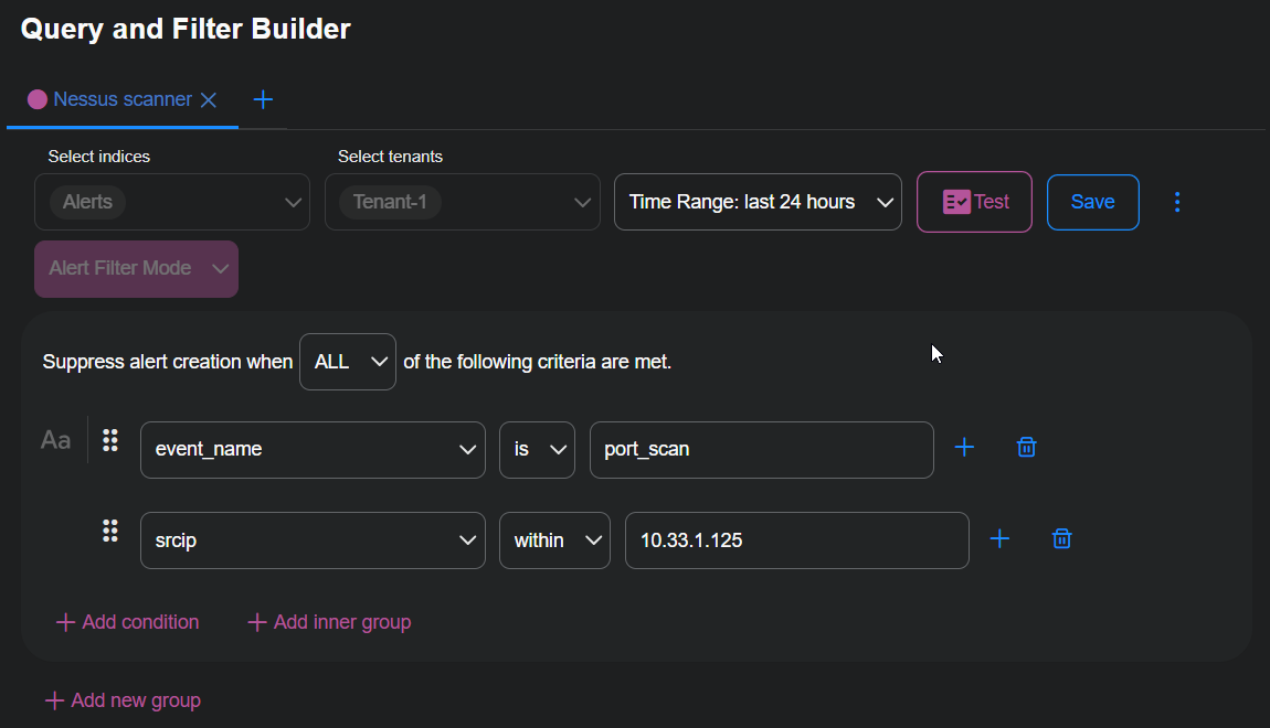 Select to expand image Screen capture of the "Edit an Alert Filter" panel