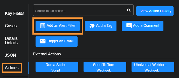Select to expand image Screen capture of "Add an Alert Filter" under the Actions tab