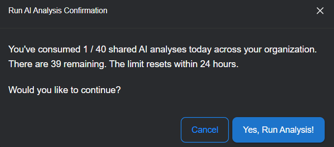 Select the image to expand and collapse it. Image of the Run AI Analysis Confirmation message