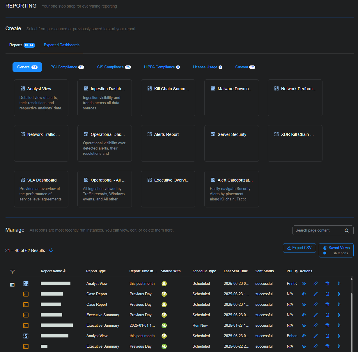Select to expand and collapse the image. Screen capture of Respond | Reports | Exported Dashboards